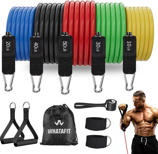 5 resistance bands in different colors with handles for strength training