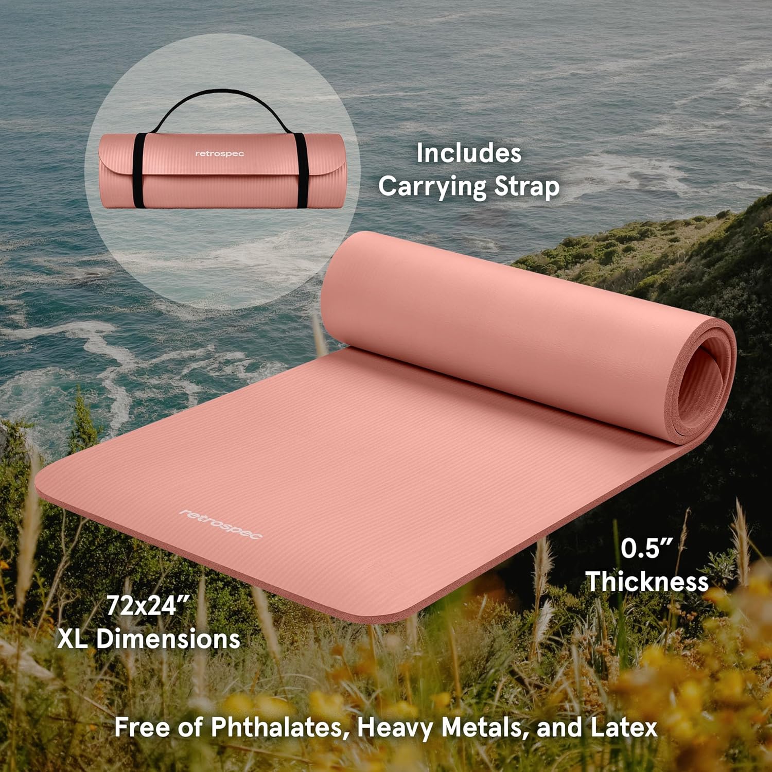 Solana Yoga Mat Thick 1/2In Non-Slip Workout Mat with Nylon Strap - 72X24In Exercise Mat for Pilates, Stretching & Fitness - BPA Free, Easy Clean