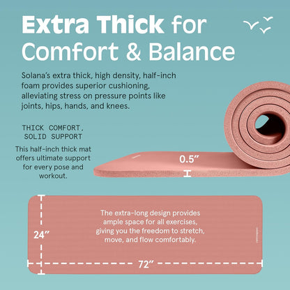 Solana Yoga Mat Thick 1/2In Non-Slip Workout Mat with Nylon Strap - 72X24In Exercise Mat for Pilates, Stretching & Fitness - BPA Free, Easy Clean